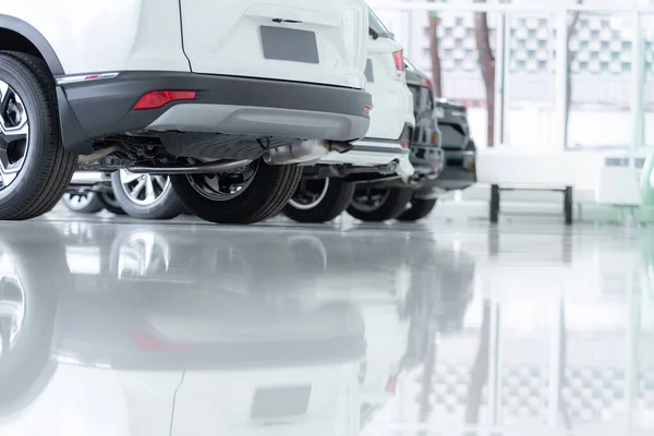 Satılık arabalar, otomotiv endüstrisi, araba galerisi otoparkı. Gıcır gıcır yeni araçlar yeni araba servisinin epoksi katında yeni sahiplerini bekliyor.