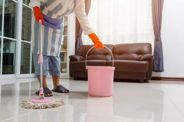 Asian Beautiful Young Woman Protective Gloves Using Flat Wet Mop — Stock Photo, Image