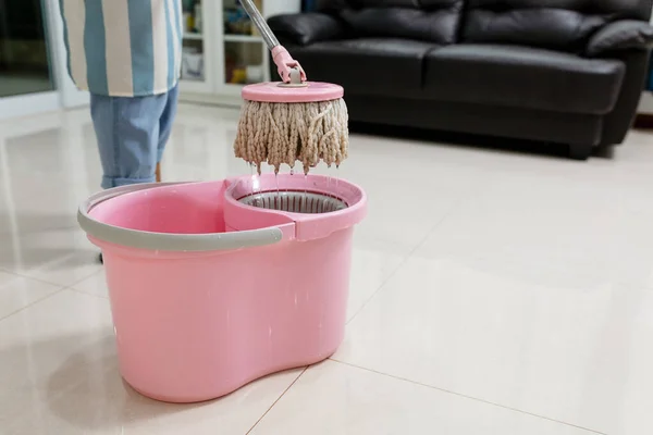 Asian Beautiful Young Woman Protective Gloves Using Flat Wet Mop — Stock Photo, Image