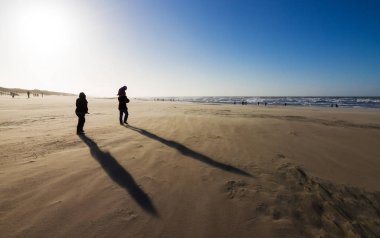 Güneşli bir günde Hollanda 'da fırtına rüzgarları eşliğinde sahilde siluetler.