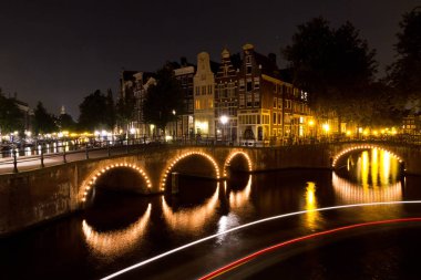 Hollanda 'da alacakaranlıkta bulunan Unesco dünya mirası alanı Amsterdam' ın güzel manzarası.