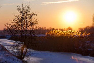 Kış manzarasında canlı gün batımı