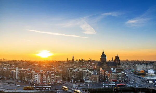 Amsterdam Centrum Skyline Stadsgezicht Bij Zonsondergang — Stockfoto