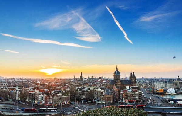 Amsterdam Centrum Skyline Stadsgezicht Bij Zonsondergang — Stockfoto