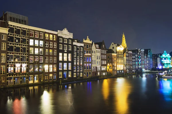 Amsterdams Grachtenhäuser Damrak Der Nacht Den Niederlanden — Stockfoto