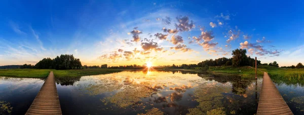 Schöner Sonnenaufgang Einem Teich Nationalpark Blauwe Kamer Den Niederlanden — Stockfoto