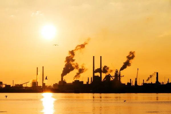 Vista Pôr Sol Indústria Pesada Com Chaminés Para Fumar Ijmuiden — Fotografia de Stock