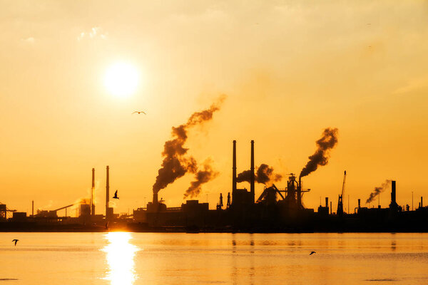 Sunset view of the heavy industry with smoking chimneys in IJmuiden, the Netherlands