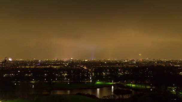 Beautiful Uhd Aerial Night Timelapse Video Fireworks Cityscape Skyline Amsterdam — стоковое видео