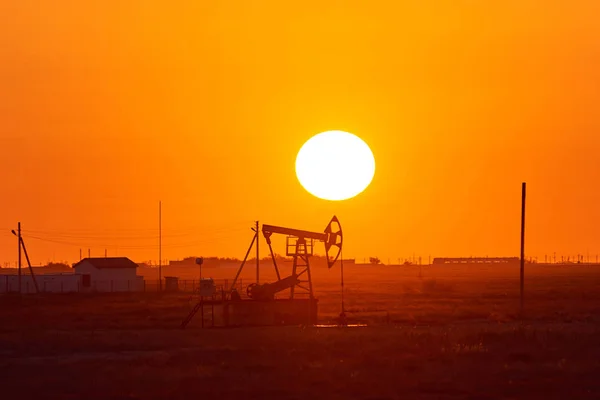 Pumpjack Sunset Háttér Pumpjack Felszíni Autóval Egy Alternáló Dugattyús Szivattyú — Stock Fotó