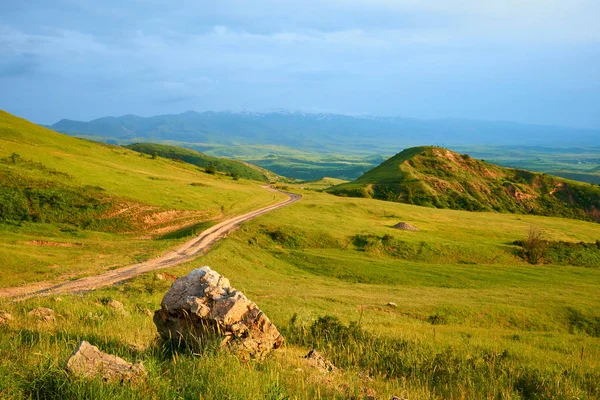 Orta Asya, Kazakistan 'da yeşil ağaçlı dağ vadisi..