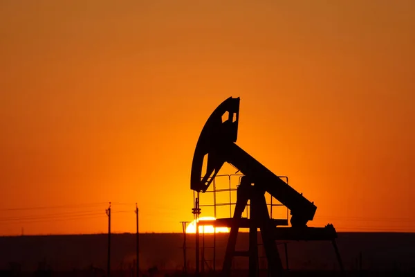 Αντλία Λαδιού Φόντο Ηλιοβασιλέματος Παγκόσμια Βιομηχανία Πετρελαίου Δυτική Περιφέρεια Καζακστάν — Φωτογραφία Αρχείου