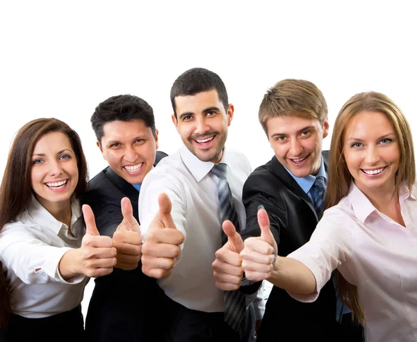 Успешные Молодые Бизнесмены Показывают Большие Пальцы Вверх Вывески — стоковое фото