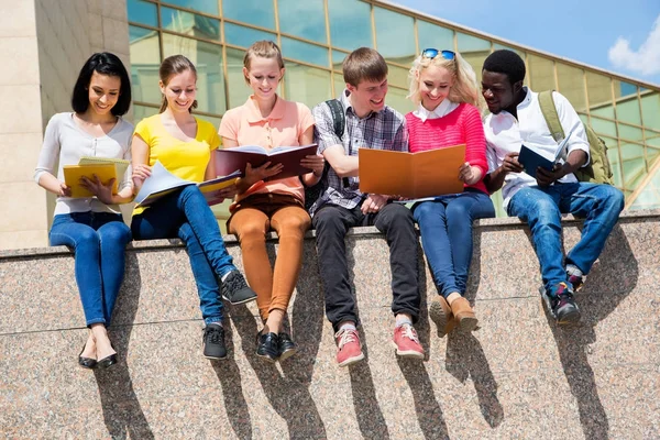 Grupo Estudiantes Universitarios Que Estudian Revisión Tareas — Foto de Stock