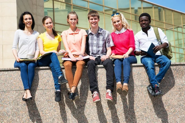 Grupo Estudiantes Universitarios Que Estudian Revisión Tareas —  Fotos de Stock