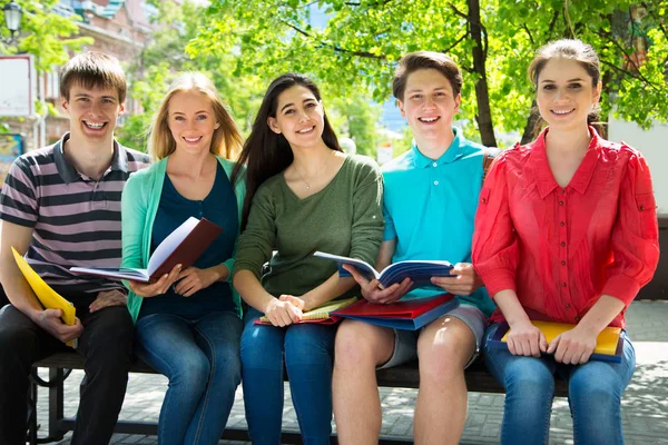 Gruppe Von Universitätsstudenten Die Hausaufgaben Park Überprüfen — Stockfoto