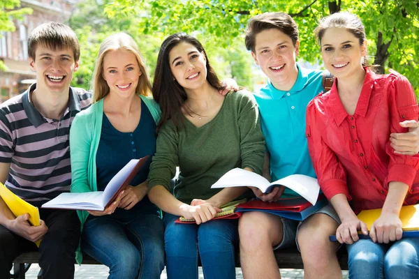 Grupp Universitetsstudenter Studerar Granska Läxor Park — Stockfoto