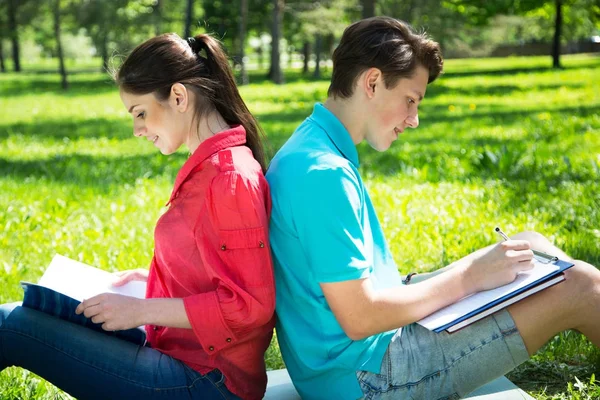 Two students studying in park on grass with outdoors