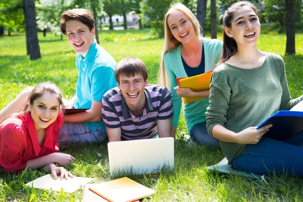 Grupo Estudiantes Juntos Preparándose Para Examen Césped Parque — Foto de Stock