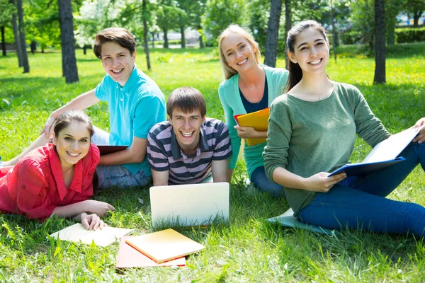 Group Students Studying Together Campus Ground Stock Picture