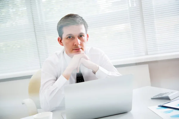 Handsome young businessman working at laptop in office. View through blinds