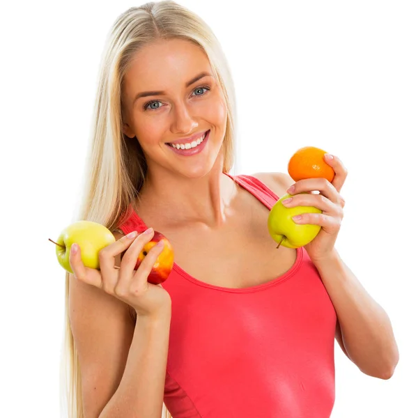 Mujer bonita sonriente con frutas —  Fotos de Stock