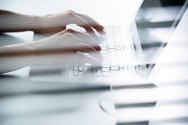 İş kadını dizüstü bilgisayarda yazıyor..