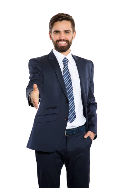 Young Businessman Holding Out His Hand You — Stock Photo, Image