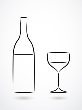 Şişe ve bardak şarap kontur çizim 