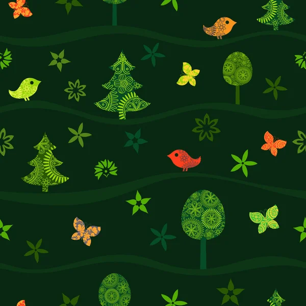 Seamless green pattern with fairy forest on hills — Stock Vector