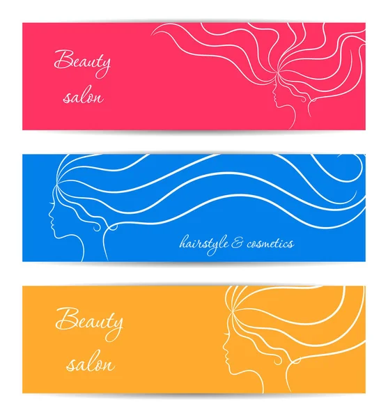 Bandeiras horizontais para salão de beleza e cosméticos com perfis de meninas de contorno —  Vetores de Stock