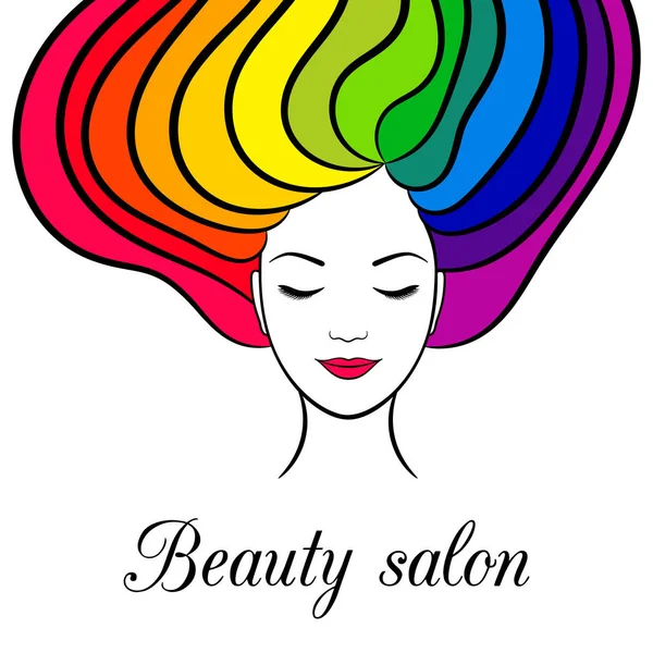 Tarjeta de belleza con mujer con ojos cerrados y cabello de arco iris — Vector de stock