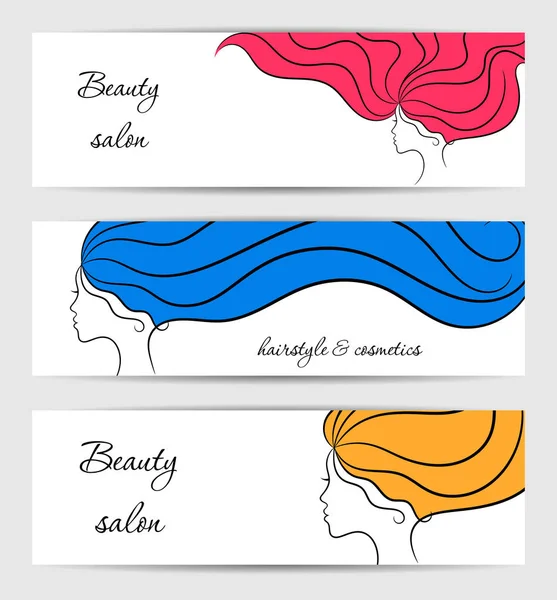 Banderas blancas horizontales para salón de belleza y cosméticos con perfiles de chica de contorno — Vector de stock