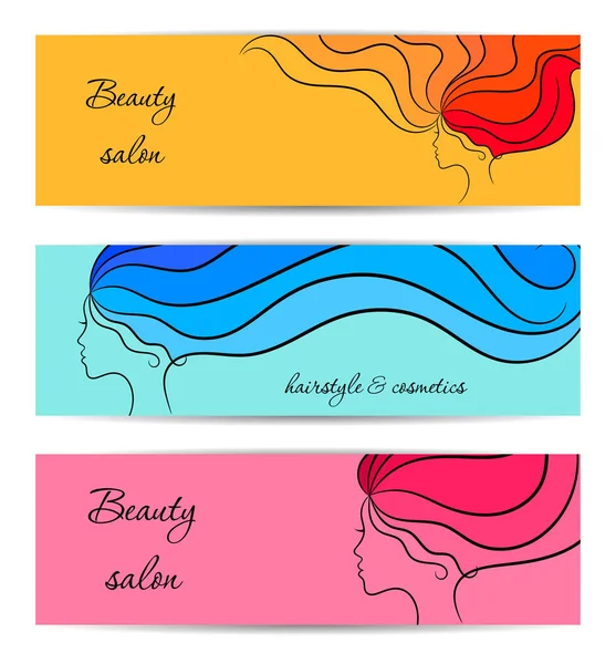 Bandeiras horizontais para salão de beleza e cosméticos com perfis de meninas —  Vetores de Stock