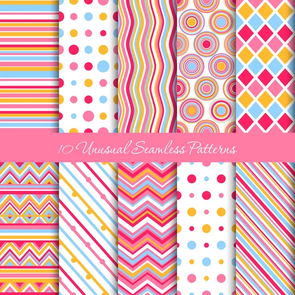 Ten seamless geometric patterns with unequal distribution in five colours: pink, white, light-orange, light-blue and vinous — Stock Vector