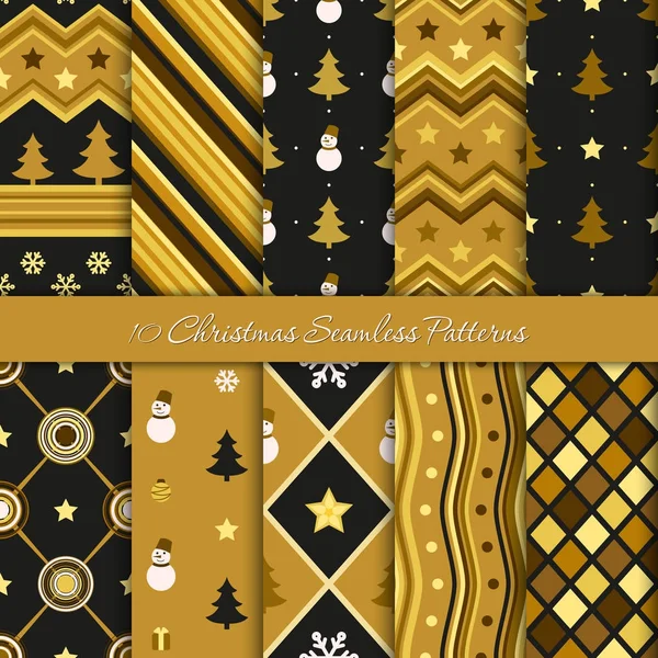Diez patrones geométricos navideños sin costuras en colores negro y dorado — Archivo Imágenes Vectoriales