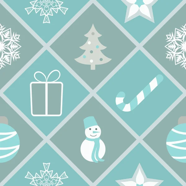 Patrón geométrico sin costuras con símbolos navideños en colores gris, azul y blanco — Archivo Imágenes Vectoriales