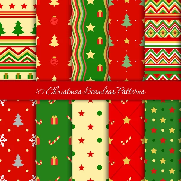 Ten Christmas Seamless Patterns Red Green Colours — Stock Vector