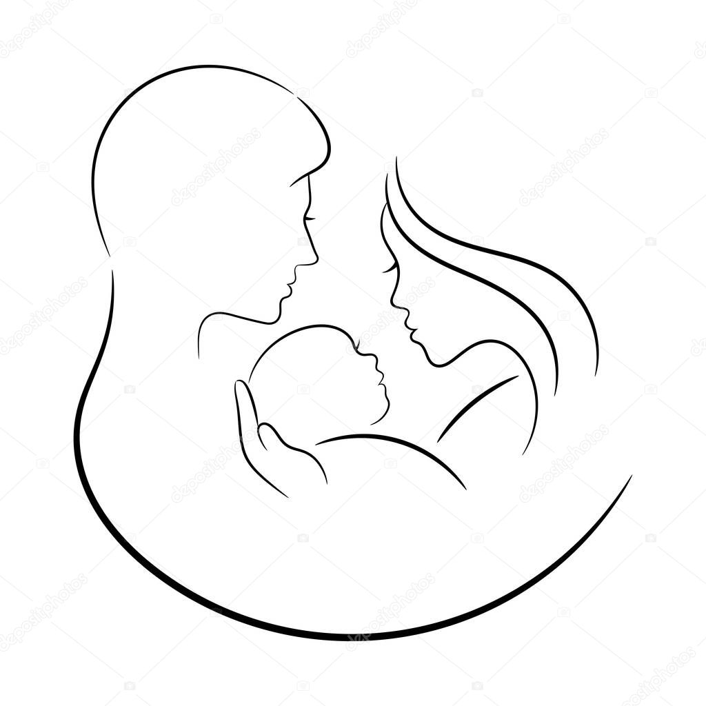 Contour drawing, family: mother, father and newborn baby