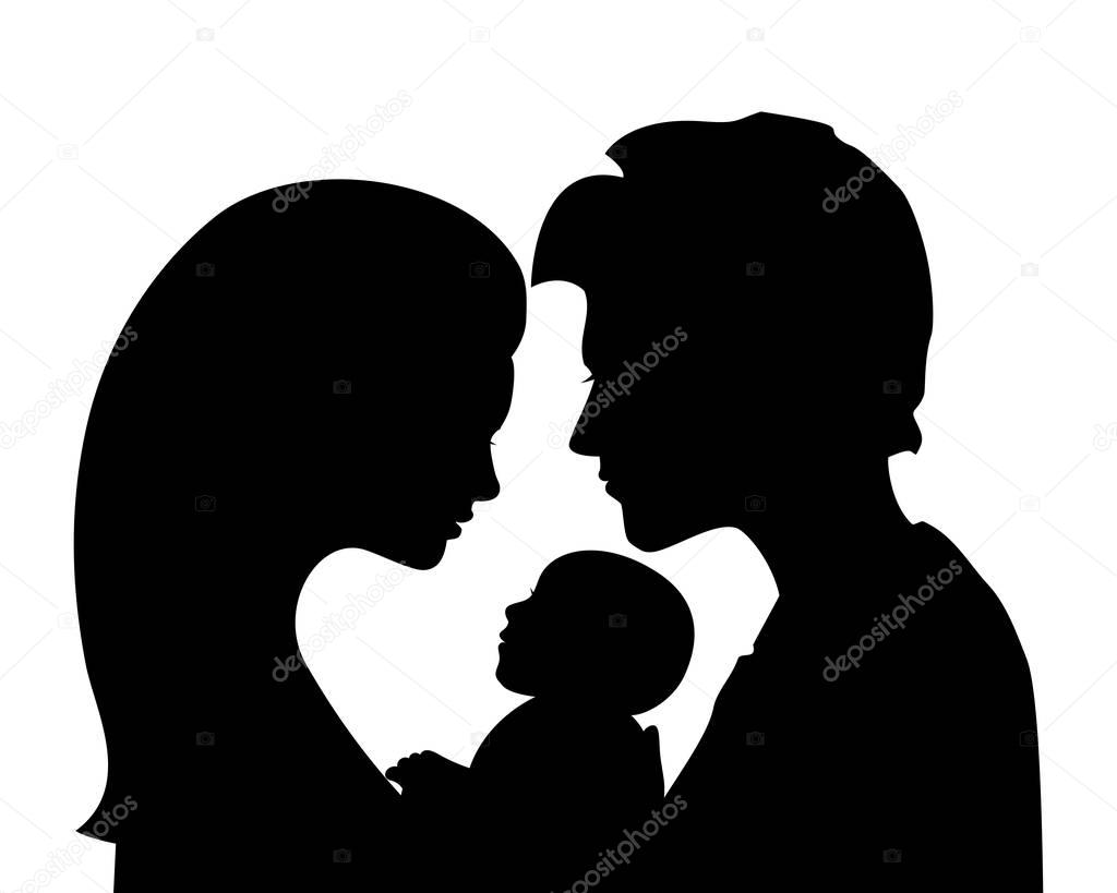 Family silhouettes: mother and father holding newborn baby
