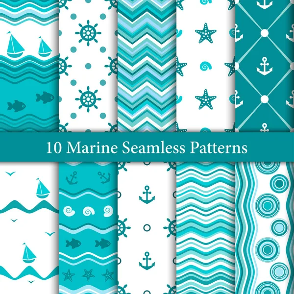 Ten Marine Seamless Patterns White Blue Colors — Stock Vector