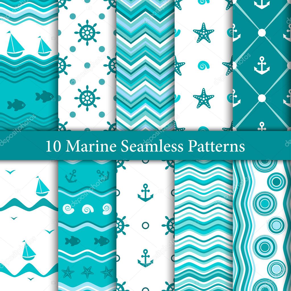 Ten marine seamless patterns in white and blue colors