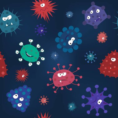 Koyu mavi arkaplandaki kızgın virüslerle kusursuz desen, vektör