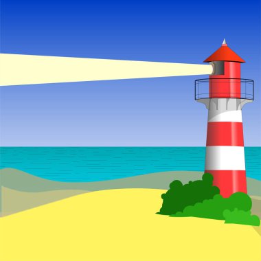 Lighthouse beacon  with shadows and highlights and light beam on sand beach vector art. Postcard costal marine beach theme illustration