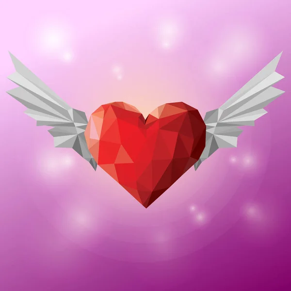 Red Heart White Wings Low Poly Vector Art Illustration Geometric — ストックベクタ