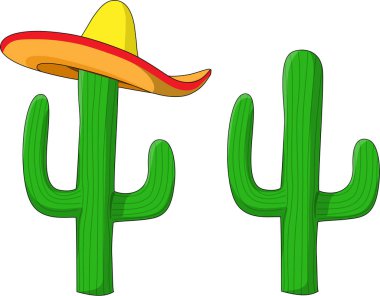 Cartoon Mexican symbol cactus and cactus with sombrero hat isolated vector illustration. American Texas desert symbol logo design 