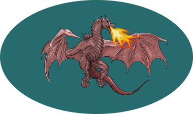 Red Mighty mythological reptile flying dragon spew fire vector illustration. Strength symbol icon logo. Freehand 3d  dynamic drawing 