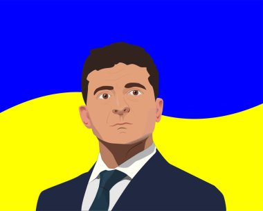 Zelensky Vladimir Volodymyr Ukraine President Vector Portrait Illustration on Yellow Blue flag background