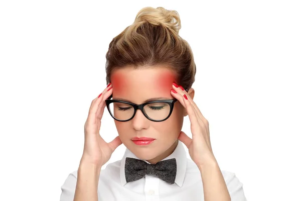 Headache. Woman having headache isolated on white background — Stock Photo, Image