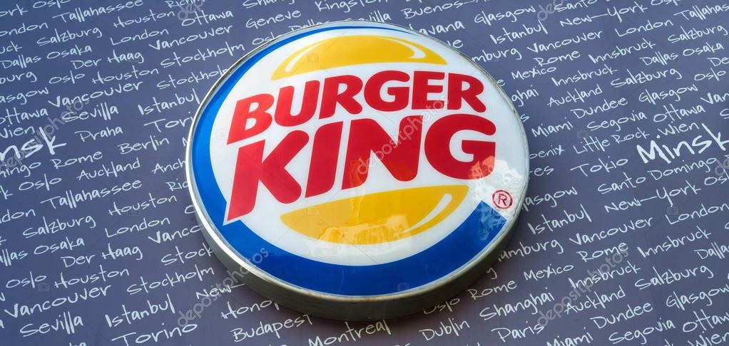 Burger King signboard with names of cities of chain of restaurants Burger King